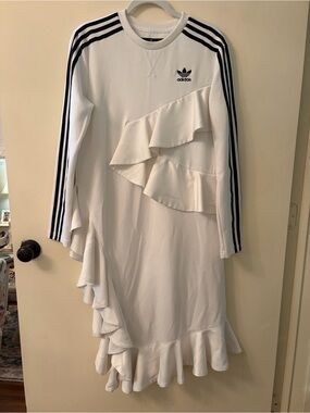 J Koo/Adidas White high cut Ruffle Dress with Black Stripes
